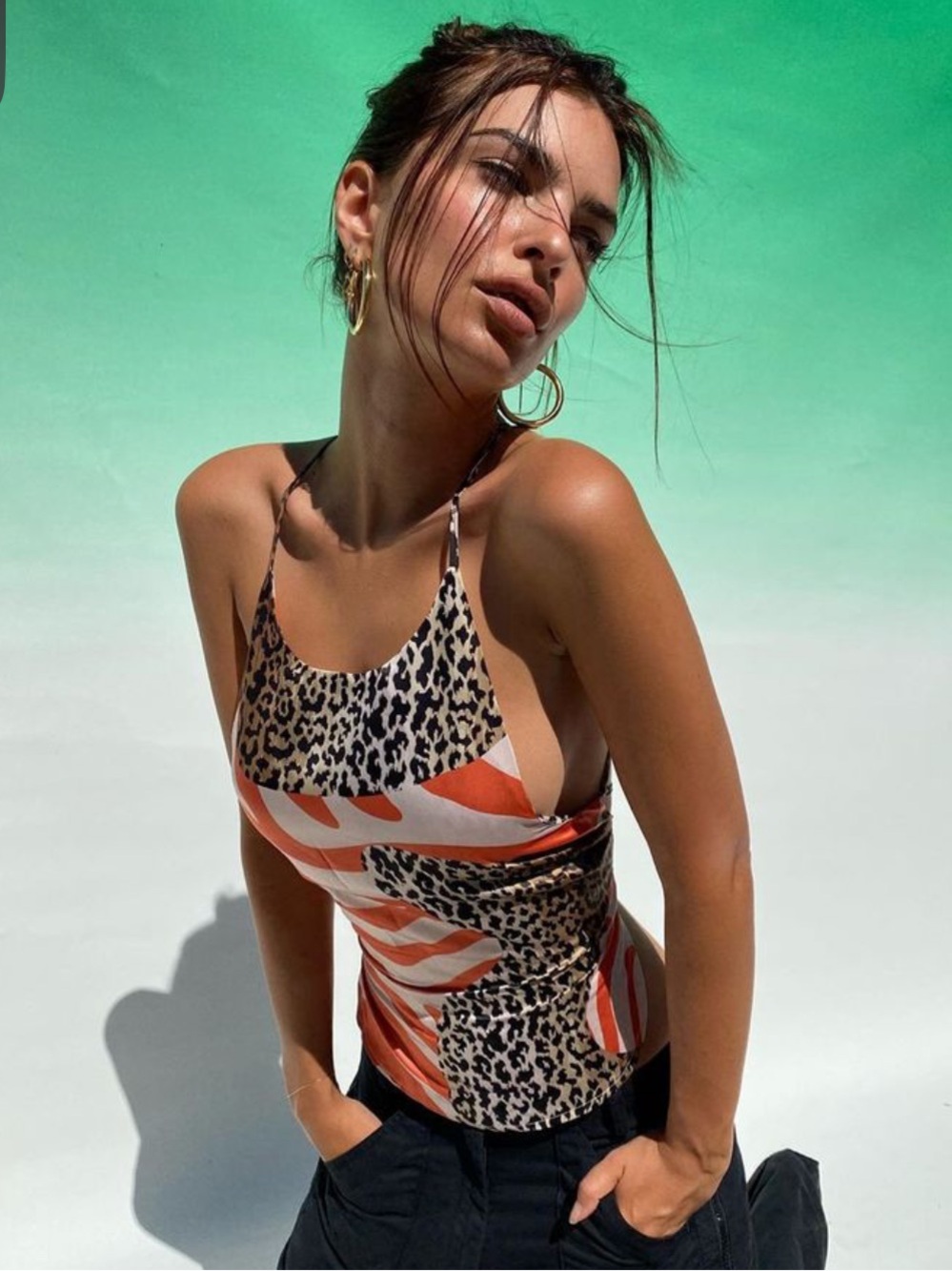 iNAMORATA Leopard & Orange Print Spaghetti-Strap Tank